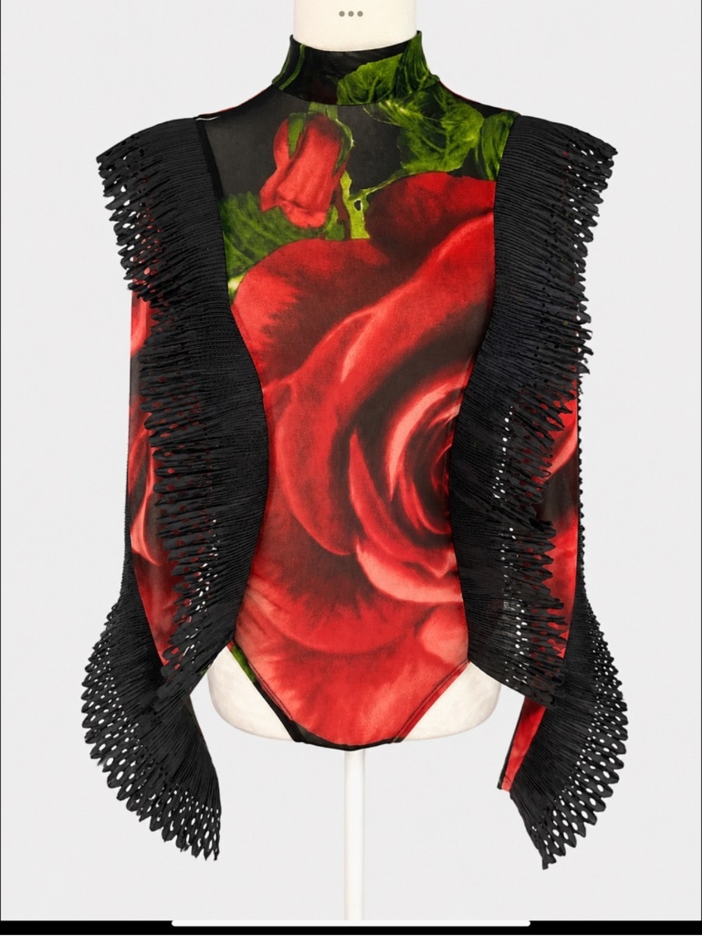 Wearable Art Romantic Goth Rose Print Mesh Bodysuit Avant Garde Statement Top - Picture 2 of 16
